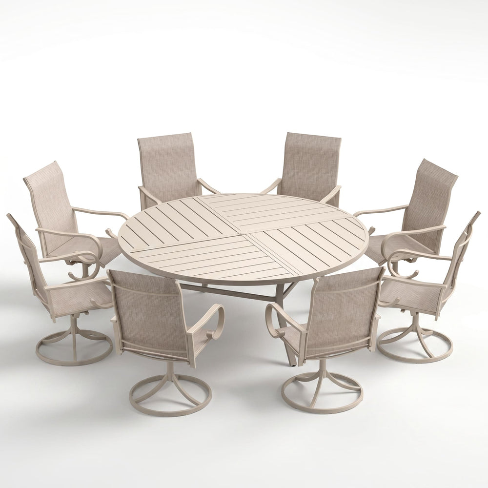 VICLLAX 9-Piece Modern Patio Dining Set, 60/63 inch Round Metal Table with Umbrella Hole and Ergonomic High-back Swivel Rocking Sling Chairs