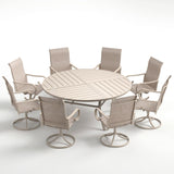 VICLLAX 9-Piece Modern Patio Dining Set, 60/63 inch Round Metal Table with Umbrella Hole and Ergonomic High-back Swivel Rocking Sling Chairs