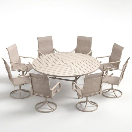 VICLLAX 9-Piece Modern Patio Dining Set, 60/63 inch Round Metal Table with Umbrella Hole and Ergonomic High-back Swivel Rocking Sling Chairs