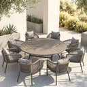 Vicllax 9-Piece Estate Dining Furniture - 60" / 63" Round Parquet Table with 8 Smooth Synthetic Rattan Cushioned Armchairs