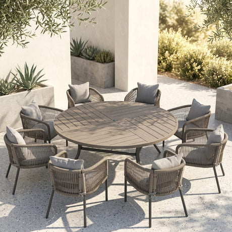 Vicllax 9-Piece Estate Dining Furniture - 60" / 63" Round Parquet Table with Aria Modern Woven Rope Armchair