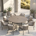 Vicllax 9-Piece Estate Dining Furniture - 60" / 63" Round Parquet Table with 8 Smooth Synthetic Rattan Cushioned Armchairs