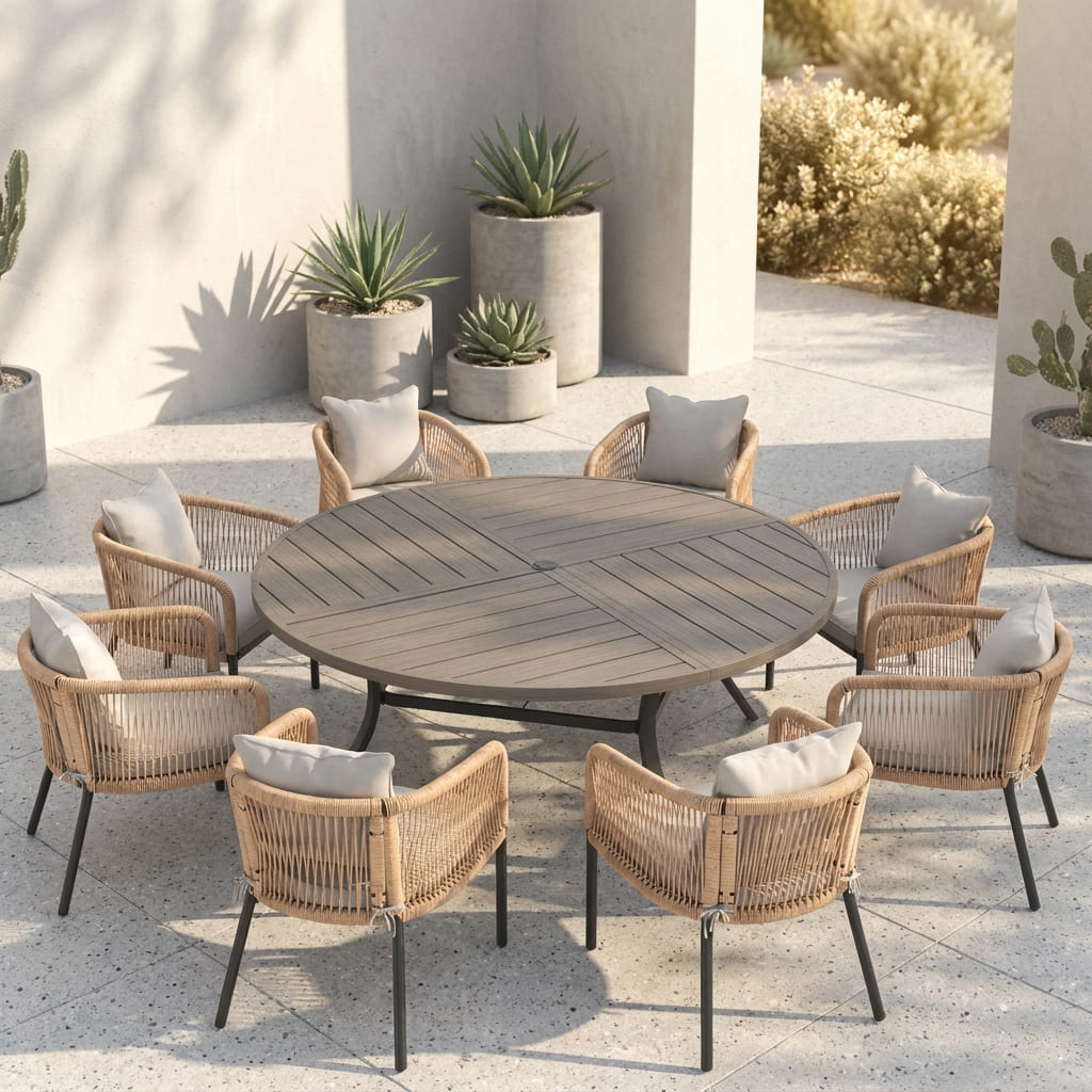 Vicllax 9-Piece Estate Dining Furniture - 60" / 63" Round Parquet Table with 8 Smooth Synthetic Rattan Cushioned Armchairs