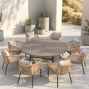 Vicllax 9-Piece Estate Dining Furniture - 60" / 63" Round Parquet Table with 8 Smooth Synthetic Rattan Cushioned Armchairs
