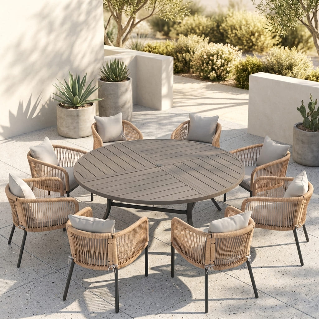 Vicllax 9-Piece Estate Dining Furniture - 60" / 63" Round Parquet Table with 8 Smooth Synthetic Rattan Cushioned Armchairs
