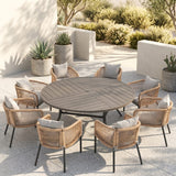 Vicllax 9-Piece Estate Dining Furniture - 60" / 63" Round Parquet Table with 8 Smooth Synthetic Rattan Cushioned Armchairs