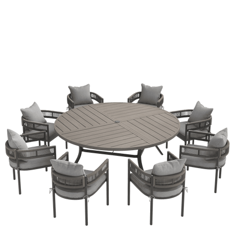 VICLLAX 9-Piece Weather-Resistant Outside Dining Furniture - 60"/63" Round Table with 8 Aria Low-back Outdoor Dining Armchair