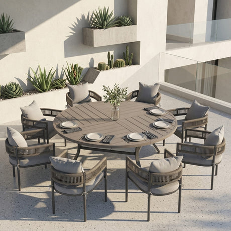 VICLLAX 9-Piece Weather-Resistant Outside Dining Furniture - 60"/63" Round Table with 8 Aria Low-back Outdoor Dining Armchair