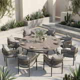 VICLLAX 9-Piece Weather-Resistant Outside Dining Furniture - 60"/63" Round Table with 8 Aria Low-back Outdoor Dining Armchair