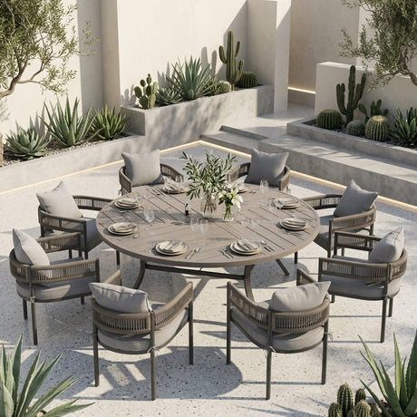 VICLLAX 9-Piece Weather-Resistant Outside Dining Furniture - 60"/63" Round Table with 8 Aria Low-back Outdoor Dining Armchair