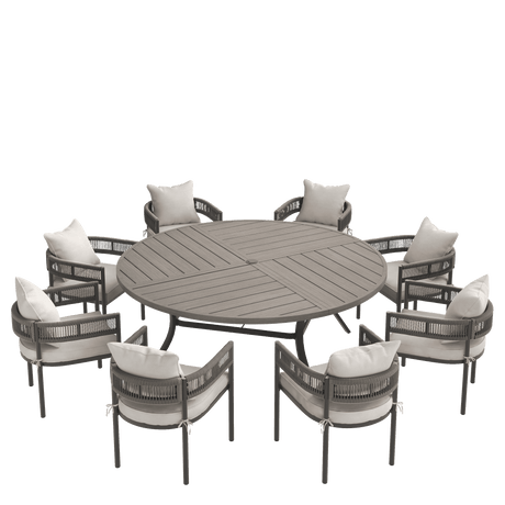 VICLLAX 9-Piece Weather-Resistant Outside Dining Furniture - 60"/63" Round Table with 8 Aria Low-back Outdoor Dining Armchair