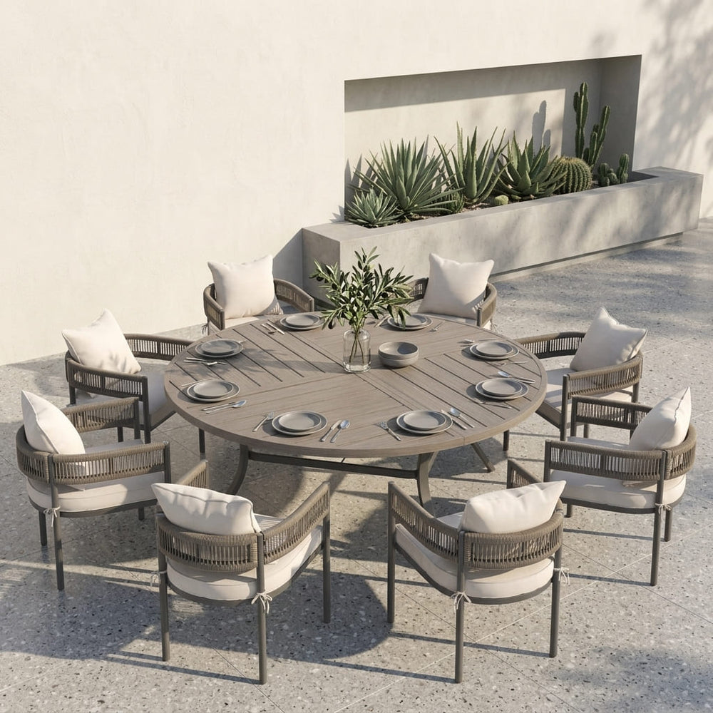 VICLLAX 9-Piece Weather-Resistant Outside Dining Furniture - 60"/63" Round Table with 8 Aria Low-back Outdoor Dining Armchair
