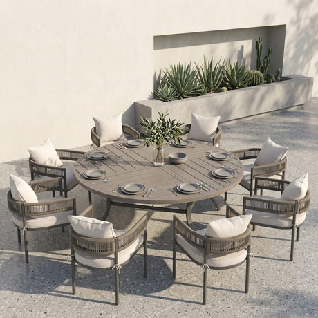 VICLLAX 9-Piece Weather-Resistant Outside Dining Furniture - 60"/63" Round Table with 8 Aria Low-back Outdoor Dining Armchair