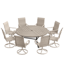 VICLLAX 9-Piece Modern Patio Dining Set, 60/63 inch Round Metal Table with Umbrella Hole and Ergonomic High-back Swivel Rocking Sling Chairs