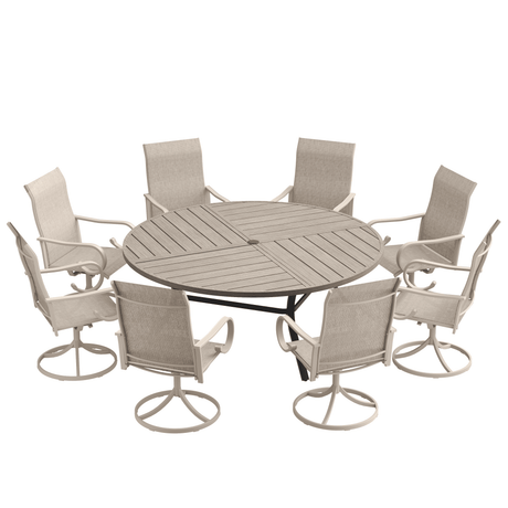 VICLLAX 9-Piece Modern Patio Dining Set, 60/63 inch Round Metal Table with Umbrella Hole and Ergonomic High-back Swivel Rocking Sling Chairs