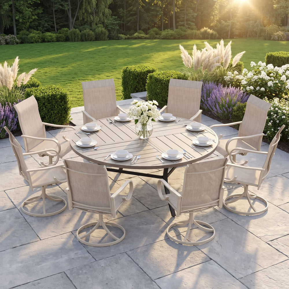 VICLLAX 9-Piece Modern Patio Dining Set, 60/63 inch Round Metal Table with Umbrella Hole and Ergonomic High-back Swivel Rocking Sling Chairs