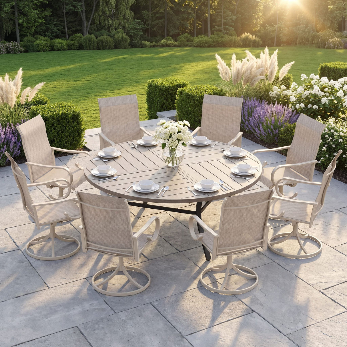 VICLLAX 9-Piece Modern Patio Dining Set, 60/63 inch Round Metal Table with Umbrella Hole and Ergonomic High-back Swivel Rocking Sling Chairs