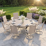 VICLLAX 9-Piece Modern Patio Dining Set, 60/63 inch Round Metal Table with Umbrella Hole and Ergonomic High-back Swivel Rocking Sling Chairs