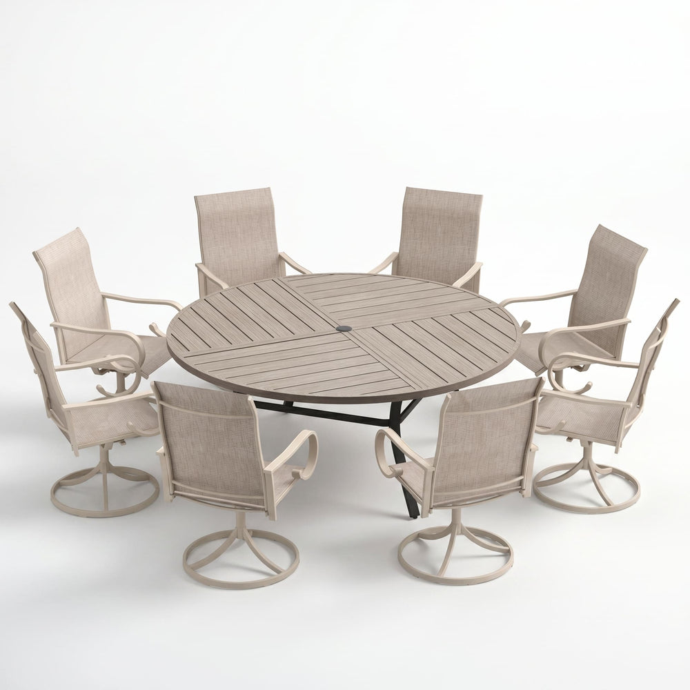 VICLLAX 9-Piece Modern Patio Dining Set, 60/63 inch Round Metal Table with Umbrella Hole and Ergonomic High-back Swivel Rocking Sling Chairs