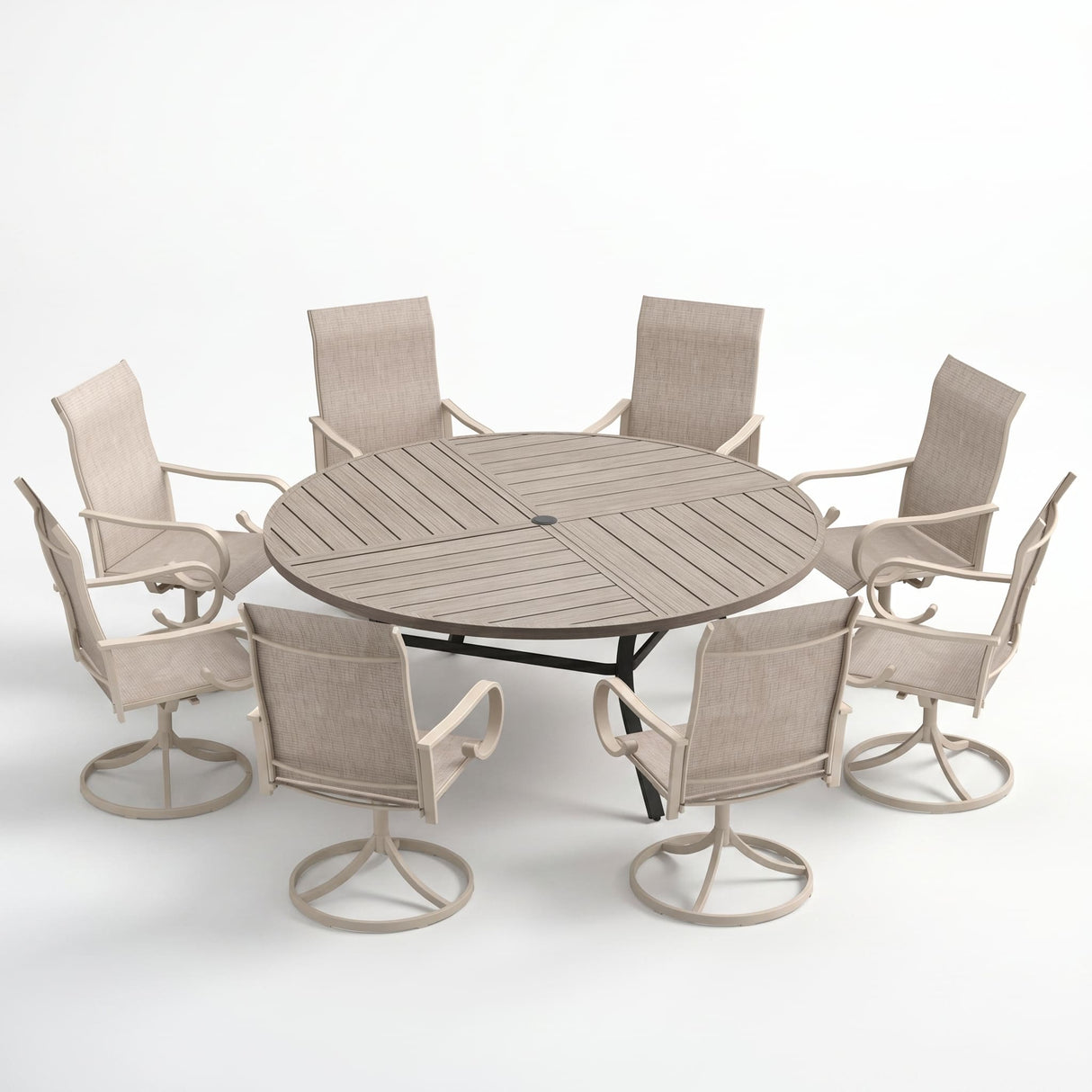 VICLLAX 9-Piece Modern Patio Dining Set, 60/63 inch Round Metal Table with Umbrella Hole and Ergonomic High-back Swivel Rocking Sling Chairs