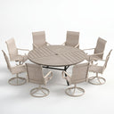 VICLLAX 9-Piece Modern Patio Dining Set, 60/63 inch Round Metal Table with Umbrella Hole and Ergonomic High-back Swivel Rocking Sling Chairs