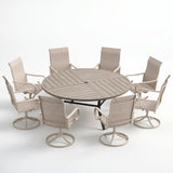 VICLLAX 9-Piece Modern Patio Dining Set, 60/63 inch Round Metal Table with Umbrella Hole and Ergonomic High-back Swivel Rocking Sling Chairs