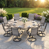 VICLLAX 9-Piece Modern Patio Dining Set, 60/63 inch Round Metal Table with Umbrella Hole and Ergonomic High-back Swivel Rocking Sling Chairs