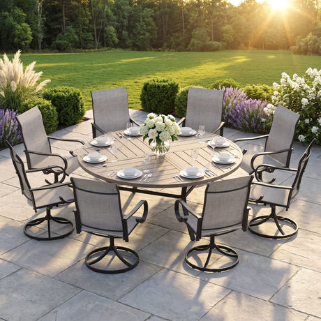 VICLLAX 9-Piece Modern Patio Dining Set, 60/63 inch Round Metal Table with Umbrella Hole and Ergonomic High-back Swivel Rocking Sling Chairs