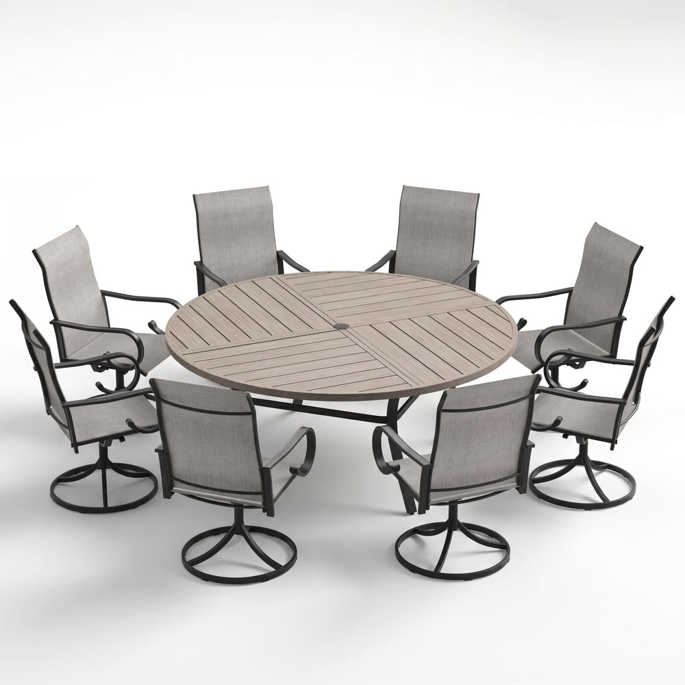 VICLLAX 9-Piece Modern Patio Dining Set, 60/63 inch Round Metal Table with Umbrella Hole and Ergonomic High-back Swivel Rocking Sling Chairs