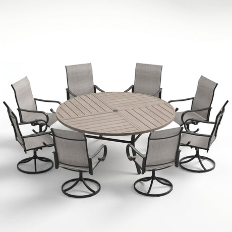 VICLLAX 9-Piece Modern Patio Dining Set, 60/63 inch Round Metal Table with Umbrella Hole and Ergonomic High-back Swivel Rocking Sling Chairs