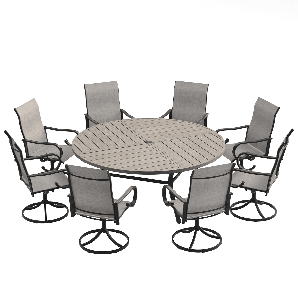 VICLLAX 9-Piece Modern Patio Dining Set, 60/63 inch Round Metal Table with Umbrella Hole and Ergonomic High-back Swivel Rocking Sling Chairs