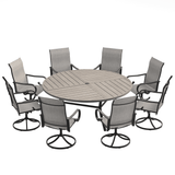 VICLLAX 9-Piece Modern Patio Dining Set, 60/63 inch Round Metal Table with Umbrella Hole and Ergonomic High-back Swivel Rocking Sling Chairs
