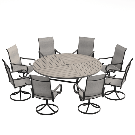 VICLLAX 9-Piece Modern Patio Dining Set, 60/63 inch Round Metal Table with Umbrella Hole and Ergonomic High-back Swivel Rocking Sling Chairs