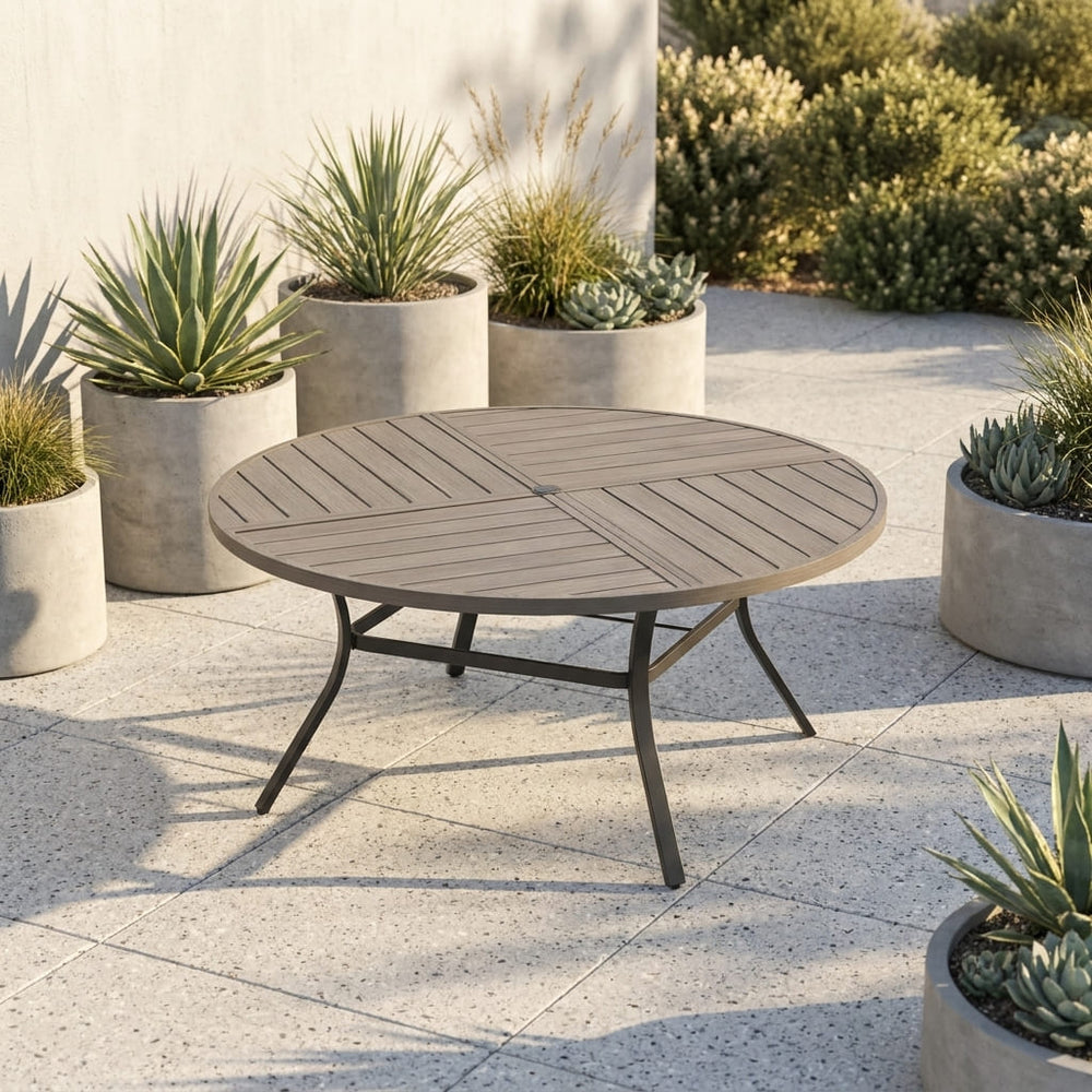 Vicllax 9-Piece Estate Dining Furniture - 60" / 63" Round Parquet Table with 8 Smooth Synthetic Rattan Cushioned Armchairs