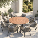 Vicllax 9-Piece Estate Dining Furniture - 60" / 63" Round Parquet Table with 8 Smooth Synthetic Rattan Cushioned Armchairs