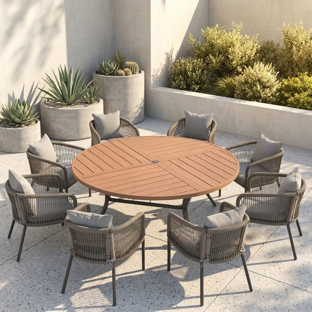 Vicllax 9-Piece Estate Dining Furniture - 60" / 63" Round Parquet Table with 8 Smooth Synthetic Rattan Cushioned Armchairs