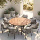Vicllax 9-Piece Estate Dining Furniture - 60" / 63" Round Parquet Table with 8 Smooth Synthetic Rattan Cushioned Armchairs