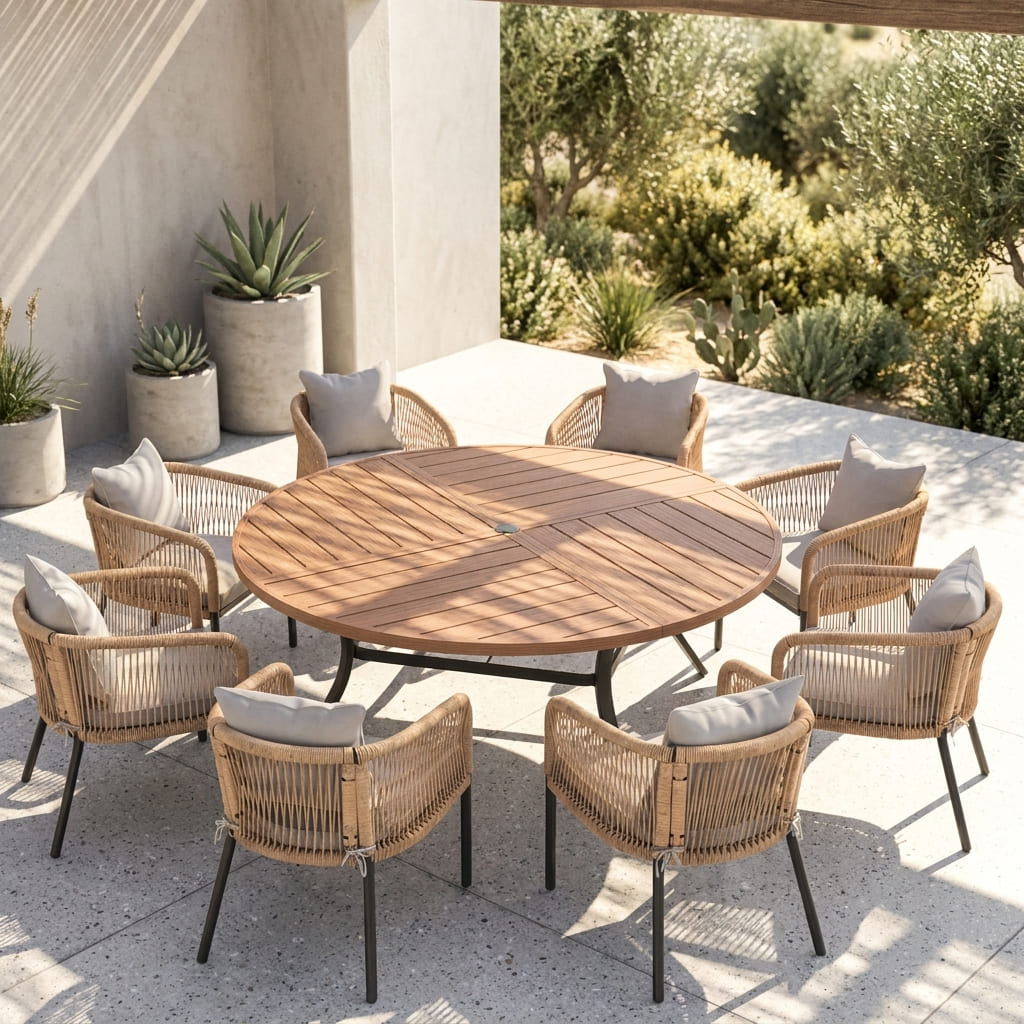 Vicllax 9-Piece Estate Dining Furniture - 60" / 63" Round Parquet Table with 8 Smooth Synthetic Rattan Cushioned Armchairs