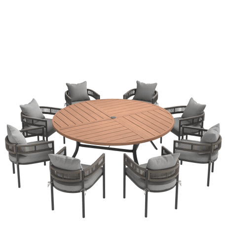 VICLLAX 9-Piece Weather-Resistant Outside Dining Furniture - 60"/63" Round Table with 8 Aria Low-back Outdoor Dining Armchair