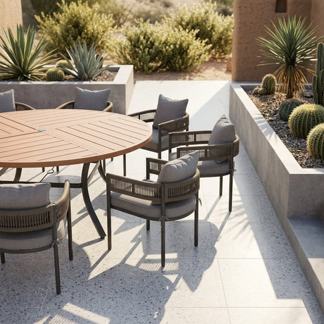 VICLLAX 9-Piece Weather-Resistant Outside Dining Furniture - 60"/63" Round Table with 8 Aria Low-back Outdoor Dining Armchair