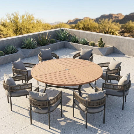 VICLLAX 9-Piece Weather-Resistant Outside Dining Furniture - 60"/63" Round Table with 8 Aria Low-back Outdoor Dining Armchair