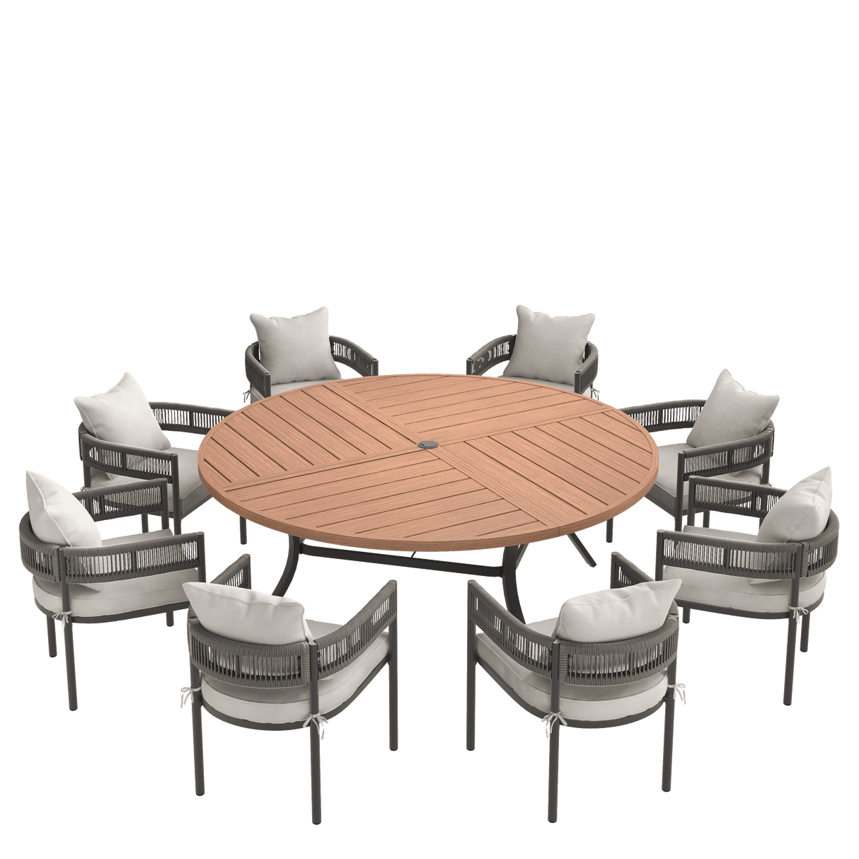 VICLLAX 9-Piece Weather-Resistant Outside Dining Furniture - 60"/63" Round Table with 8 Aria Low-back Outdoor Dining Armchair