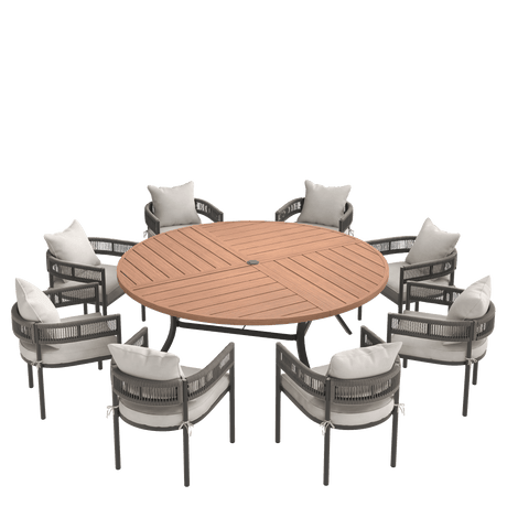 VICLLAX 9-Piece Weather-Resistant Outside Dining Furniture - 60"/63" Round Table with 8 Aria Low-back Outdoor Dining Armchair