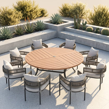 VICLLAX 9-Piece Weather-Resistant Outside Dining Furniture - 60"/63" Round Table with 8 Aria Low-back Outdoor Dining Armchair