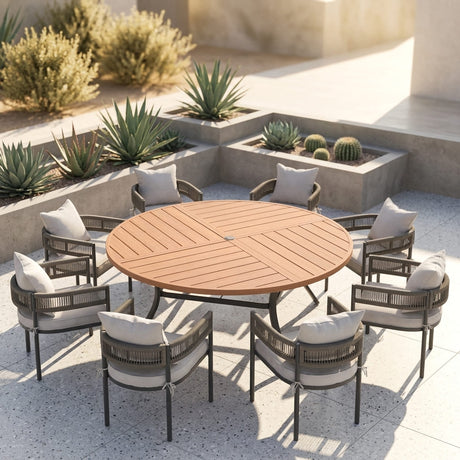 VICLLAX 9-Piece Weather-Resistant Outside Dining Furniture - 60"/63" Round Table with 8 Aria Low-back Outdoor Dining Armchair