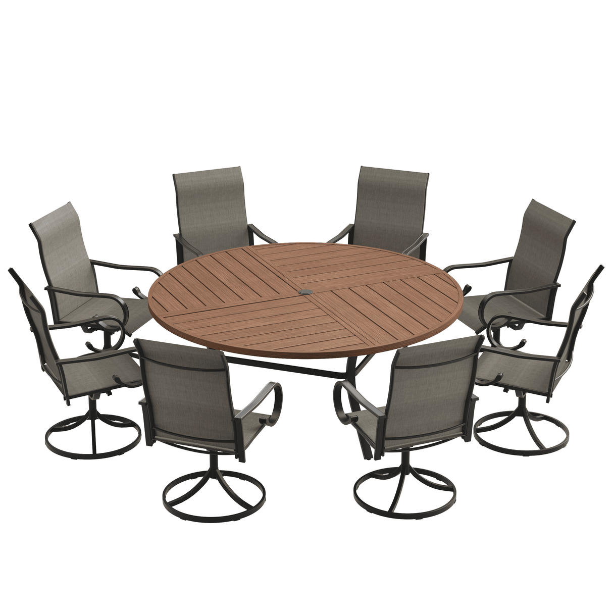 VICLLAX 9-Piece Modern Patio Dining Set, 60/63 inch Round Metal Table with Umbrella Hole and Ergonomic High-back Swivel Rocking Sling Chairs