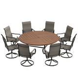 VICLLAX 9-Piece Modern Patio Dining Set, 60/63 inch Round Metal Table with Umbrella Hole and Ergonomic High-back Swivel Rocking Sling Chairs
