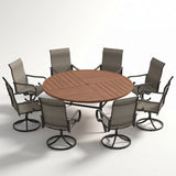 VICLLAX 9-Piece Modern Patio Dining Set, 60/63 inch Round Metal Table with Umbrella Hole and Ergonomic High-back Swivel Rocking Sling Chairs