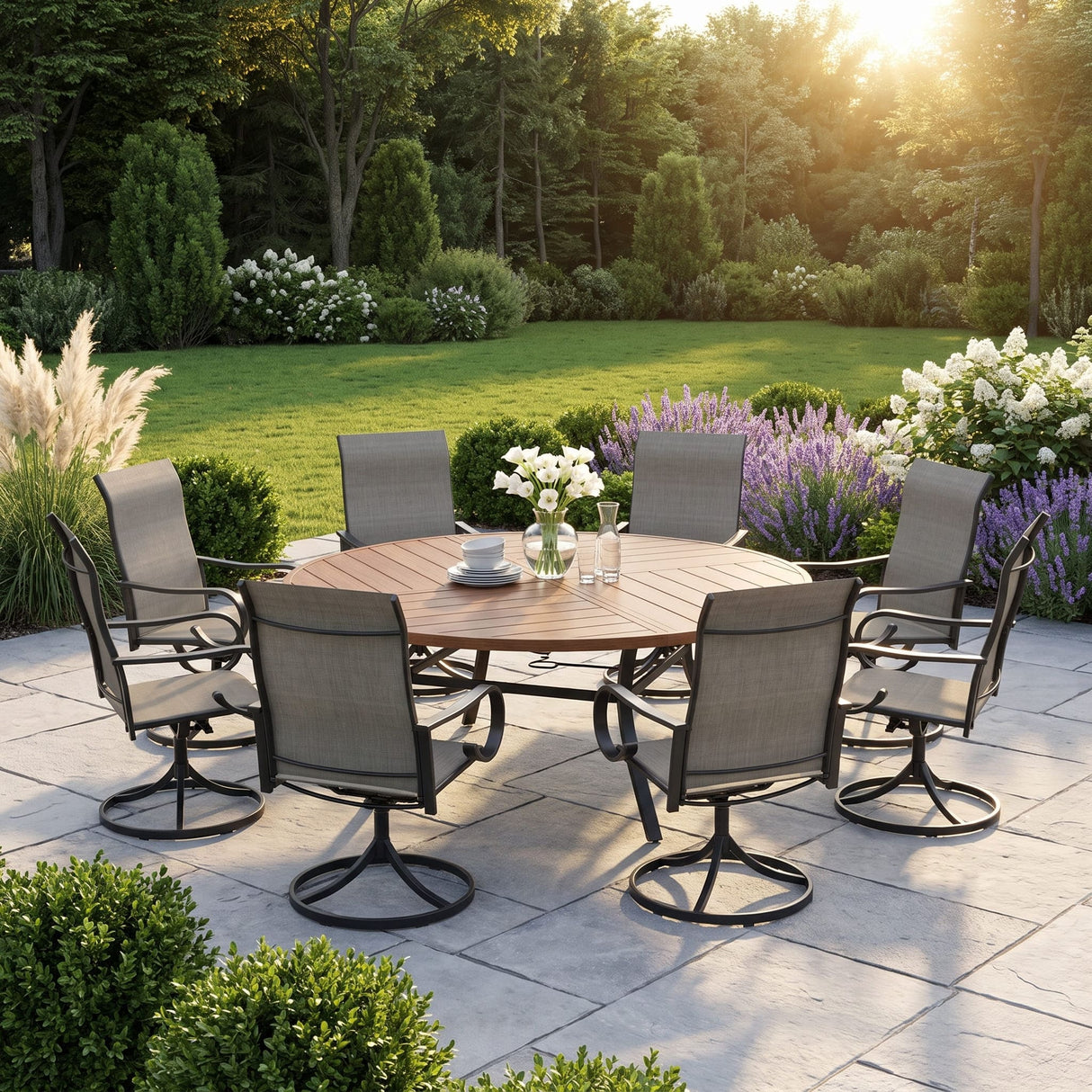 VICLLAX 9-Piece Modern Patio Dining Set, 60/63 inch Round Metal Table with Umbrella Hole and Ergonomic High-back Swivel Rocking Sling Chairs