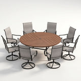 VICLLAX 9-Piece Modern Patio Dining Set, 60/63 inch Round Metal Table with Umbrella Hole and Ergonomic High-back Swivel Rocking Sling Chairs